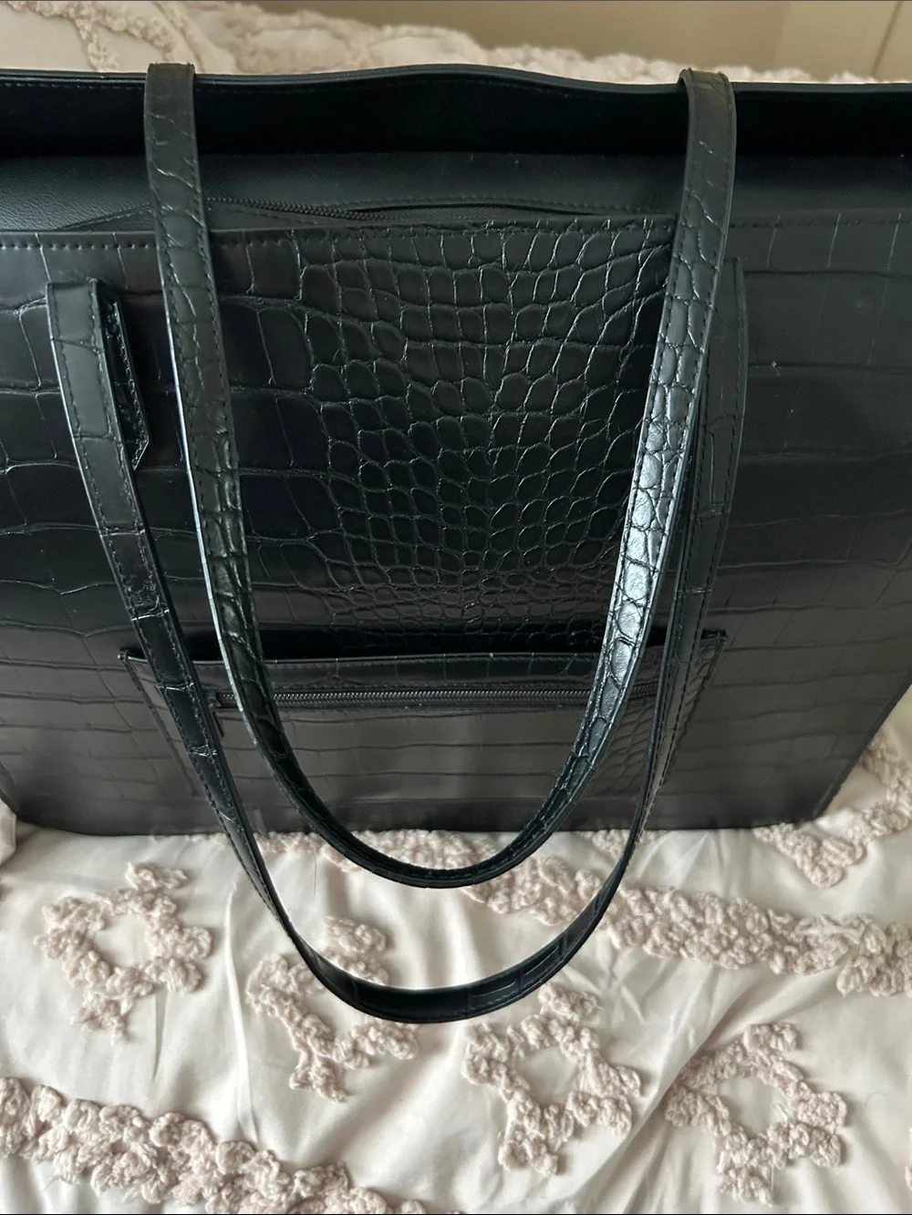 Black Croc-Embossed Travel Tote